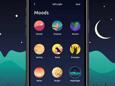 Moods Screens for Smart Home / Led, Bulb 2d app art branding color concept icon illustration ios kudret projectmind smart home app ui ux