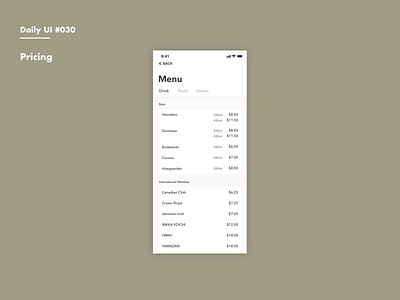 Daily UI #030 Pricing adobexd bar daily 100 daily 100 challenge dailyui drink menu menu pricing