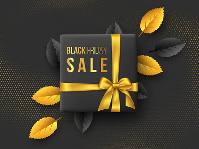 Black Friday vector composition. 3d art black black friday gift box golden halftone leaves spotted