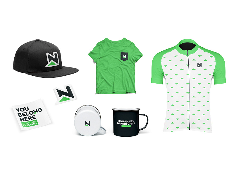 Northern Colorado - Touch Points apparel brand branding coffee colorado cycling green hat icon identity jersey logo mark mountain place brand stickers