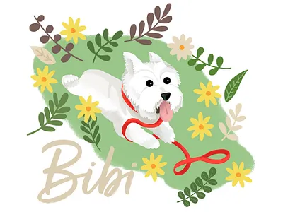 Pet Portrait - Bibi the Westie animal art cartoon character cute animal cute art design digital dog dog art drawing flowers illustration illustration leaves pet print