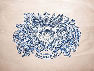 Sleeper branding coat of arms custom lettering emblem design engraving etching hand drawn illustration line art old school scratchboard snake typography vector vector art vintage woodcut