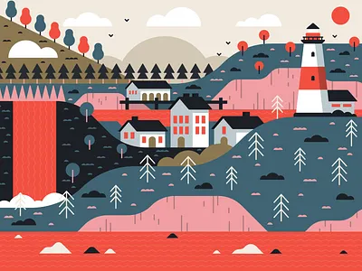 Illustration| Fisherman's Cove birds buildings color design doodle exploration freelance fun houses illustration illustrator landscape lighthouse nature scene style trees vector water