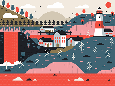 Illustration| Fisherman's Cove birds buildings color design doodle exploration freelance fun houses illustration illustrator landscape lighthouse nature scene style trees vector water