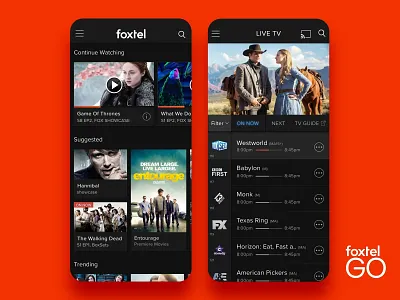 Foxtel Go App app app design content app design entertainment game of thrones mobile app netflix ott streaming streaming app the walking dead tv app tv channel tv design ui user experience design user interface design westworld