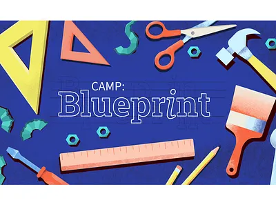 Rejected Youth Camp Graphic blueprint blueprints bolts camp design digital art event grain hammer illustration noto serif paint brush pencil art ruler scissors text texture tools vector