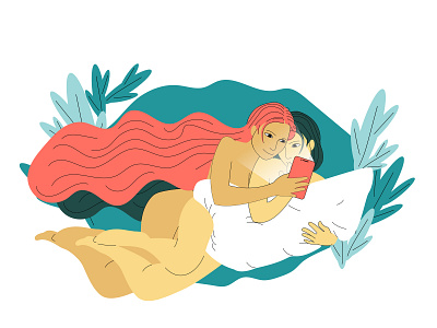 millennial girls cuddling (: character cuddle design flat girl character illustration millennial smartphone vector