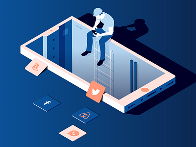 Fix the internet app blue character illustration isometric mobile vector website