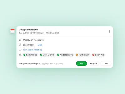 Reply to calendar events ✅ accept calendar calendar design decline design desktop email events front invitation location participant product design rsvp schedule tentative ui video conferencing