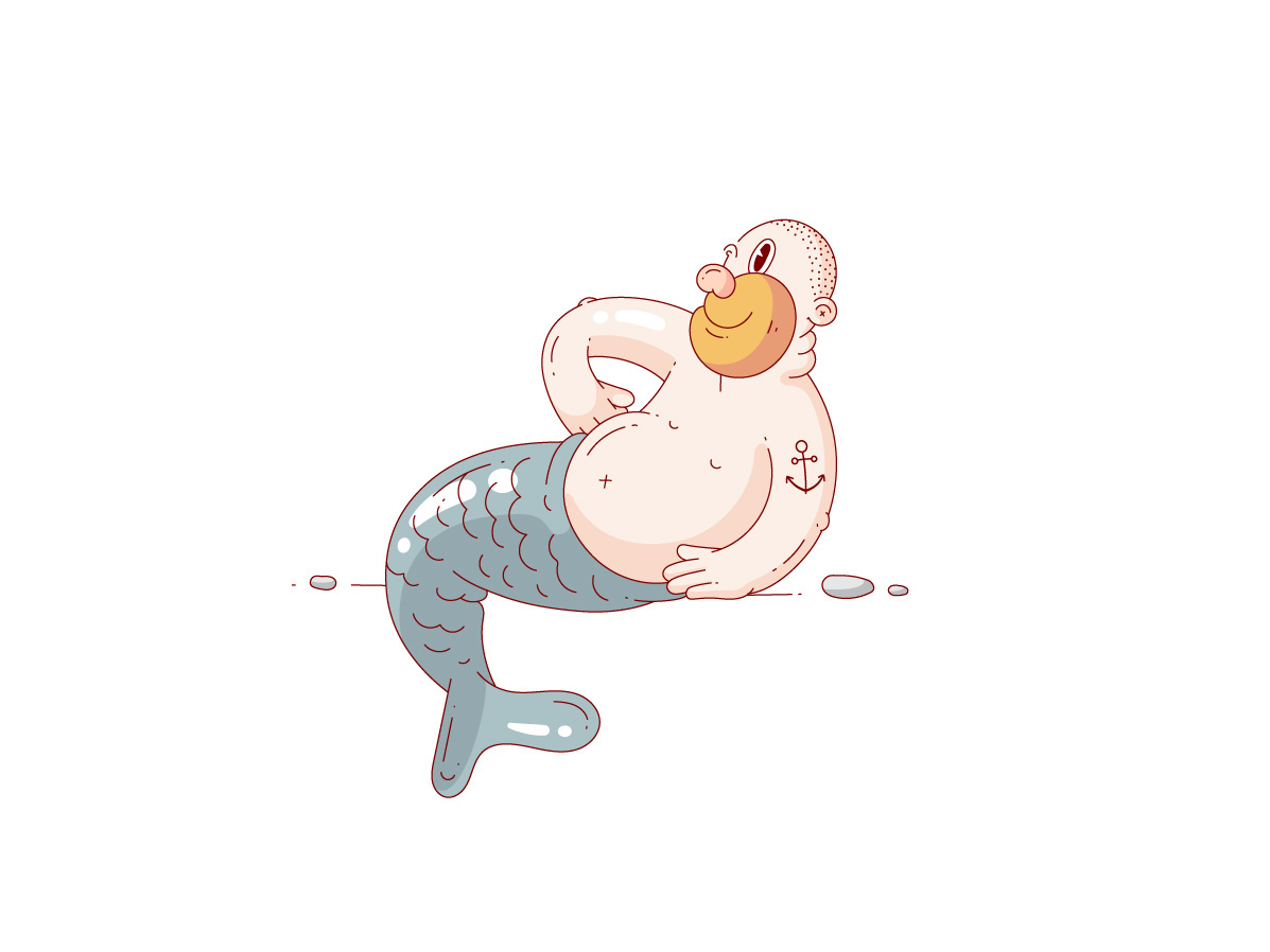 Hello Sailor anchor beard design drawing fat fish funny illustration love mermaid ocean sail sailor sea vector
