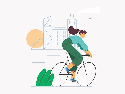 Authentic Self Illustration 2d bicycle birds buildings character clouds girl illustration morning riding san fran street sun sunrise website