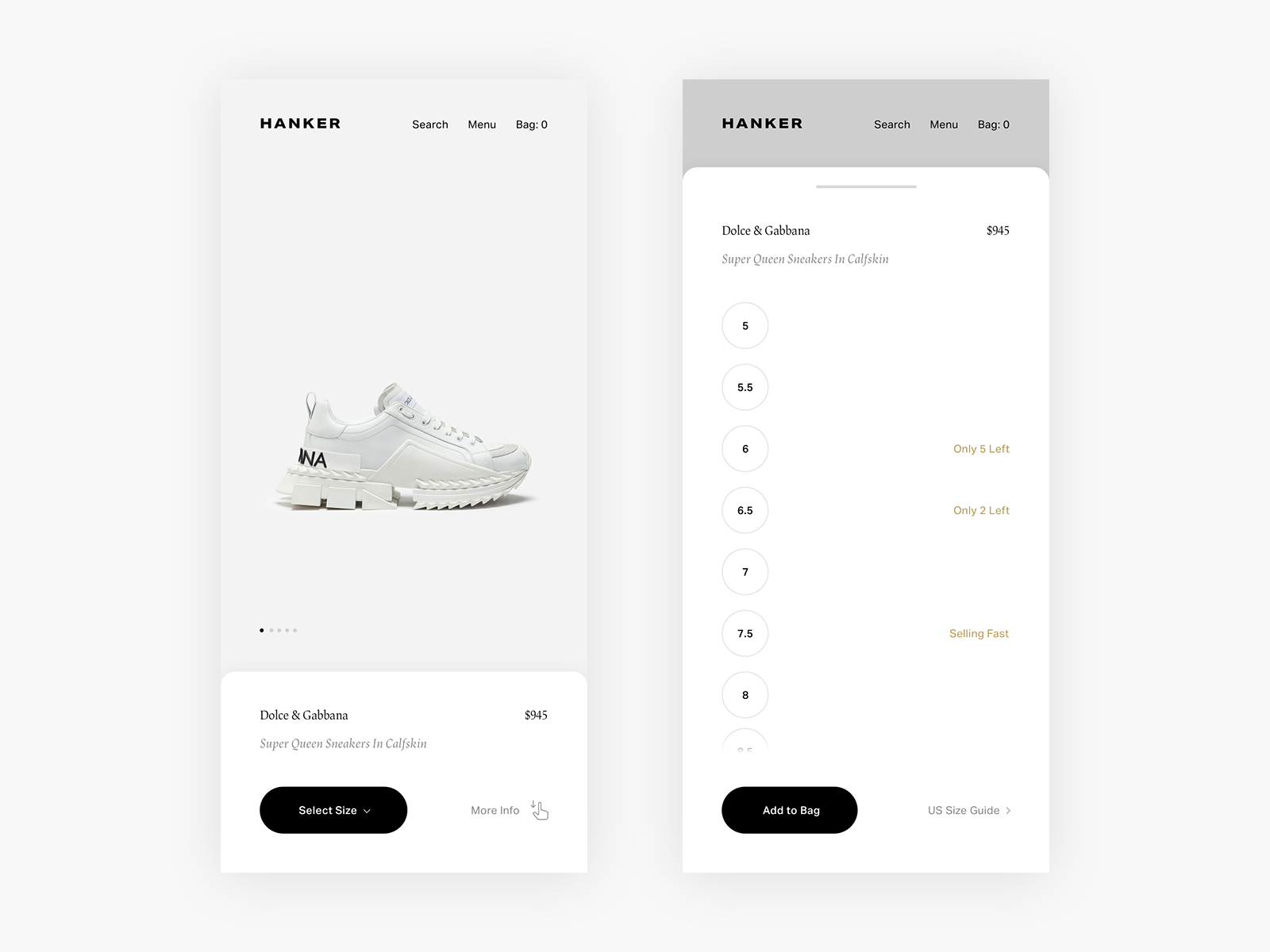 Example of Hanker Mobile PDP + Size Select Exploration - E-commerce