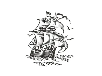 Gallion engraving etching icon illustration logo ocean pen and ink sea ship vector engraving