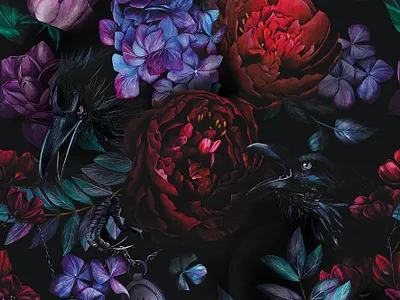 Black Ravens. botanical botanical art botanical drawing dark digital drawing floral pattern hygrangea illustration maroon painting pattern art pattern design peony purple raven