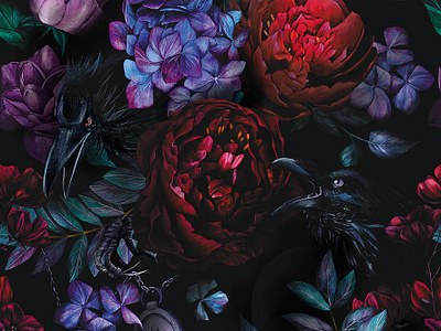 Black Ravens. botanical botanical art botanical drawing dark digital drawing floral pattern hygrangea illustration maroon painting pattern art pattern design peony purple raven