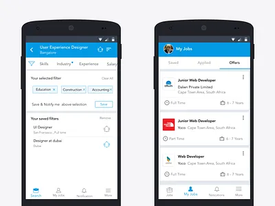 Job filters and offers business app job offers recruiter ui design