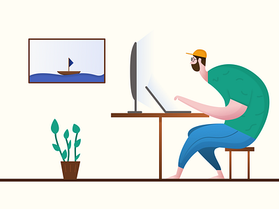 Man sitting in front of computer human illustration programmer simple vector