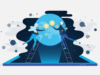 Connecting the World Through Crypto bitcoin connecting connection crypto cryptocurrency ethereum globe ladder man mobile people person phone planets space stars technology woman world