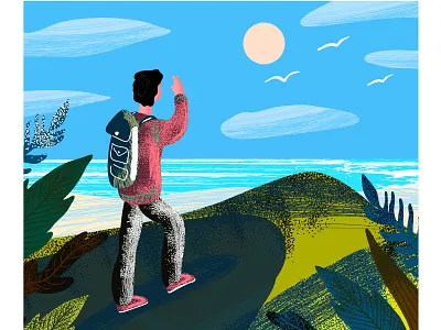 Explorer adventure backpacker boy character explore holiday illustration journey landscape man people pond scenery sea tour travel ui vacation web website