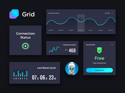 Instagram Dashboard UI analytics app application dark dashboard design flat grid instagram interface neon stats ui user ux web