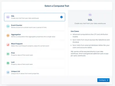Computed Trait Builder computed traits list list ui list view menu menu options select select from list sql table traits