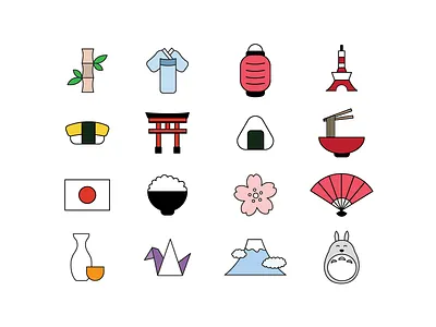 Japan Icons bamboo japan mt fuji onigiri origami ramen sake sushi tokyo tower totoro