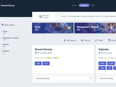 Smite God Requests in Streamchamp dashboard design flat minimal ui web website