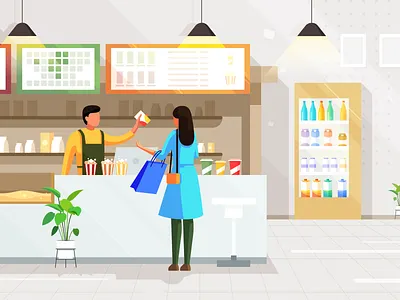 Illustration Of Cinema Ticket Hall animal bar counter beverage bird building cinema coffee customer drink green plant icon illustration light logo popcorn refrigerator shopping ticket ticket seller ui