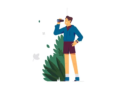 Out of office 2d binoculars break character explorer exploring flat happy guy illustration nature natureboy out of office plants vector website website illustration