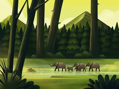Woods art design elephants green illustration nature texture wild