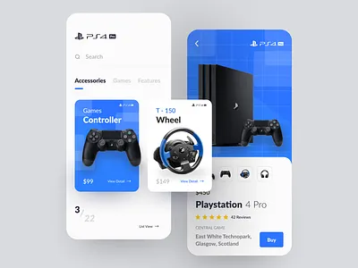 Playstation 4 Pro App Exploration app app design app shop blue clean cool e commerce exploration ios iphone x modern online shop ps 4 shop store ui ui ux ux