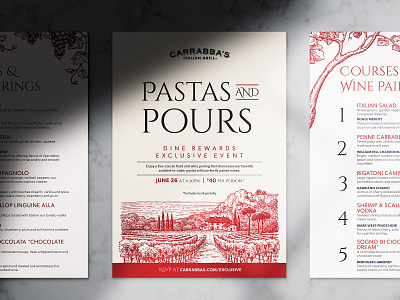 Carrabba's Pasta & Pours Wine Dinner Invite flyer food invitation invitation card invitation design italian food layout design marketing collateral pasta print design restaurant wine wine dinner
