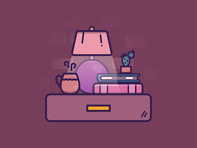Cozy bed bedtime books brick wall cactus coffee coffee mug cozy home icon illustration lamp light lighting living nightstand plant scene vector