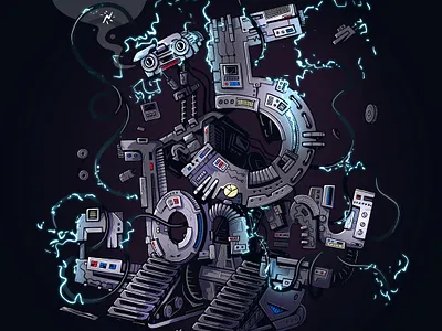 Johnny 5 calligraphic illustration 80s calligraph character funny illustration mechanic robot typogaphy