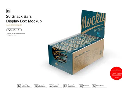 20 Snack Bars Display Box Mockup 20 bars 20 snack bars bar box candy carton chocolate display box flow pack foil food front granola granola bar halfside view high angle high angle shot mock up mockup package