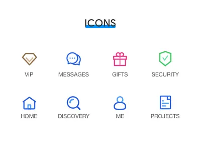Icons app app ui branding color colorful design discovery gift home icon identity illustration me message mobile project security set settings vip
