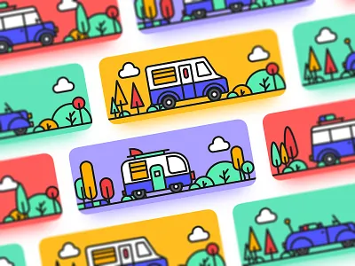 Travel Memorial Card app blue car cards cold coupon design illustration tree violet yellow