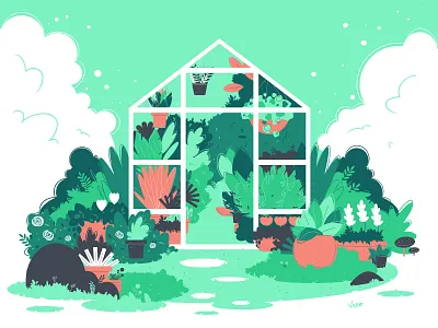 Glass House clouds design flat design flat illustration flowers glass house green house illustration illustration art illustrator nature pots vector vector artwork