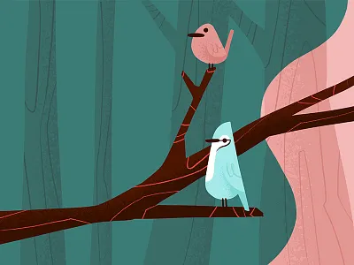 Retro Birds Illustration 50s 60s birds blake stevenson blue jay branch character design cute disney forest gouache illustration jetpacks and rollerskates mary blair retro robin trees wren