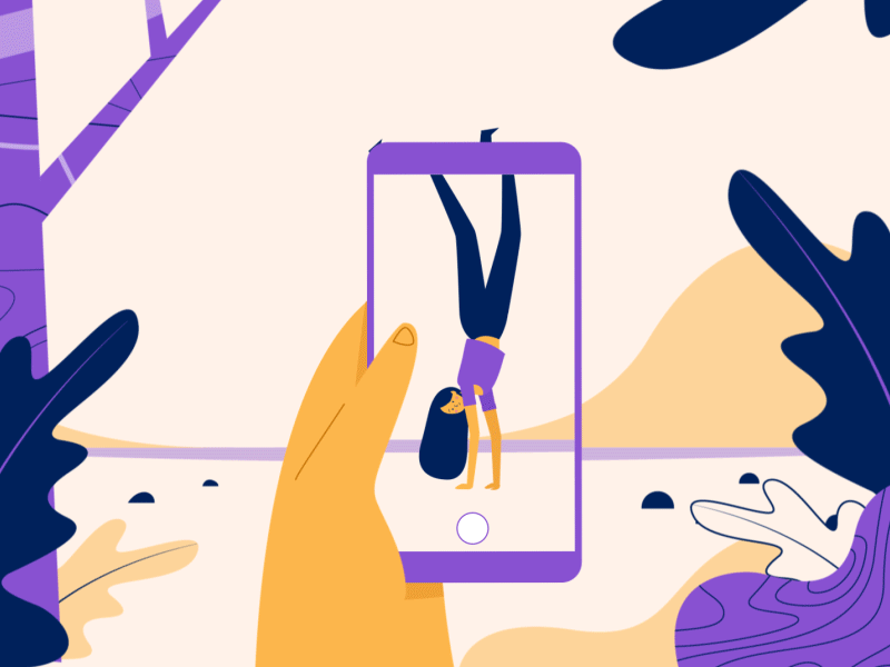 Seened 2danimation acrobics animation app character design flat gif girl gmotion leaves logo animation motion design motiongraphics nature phone tree