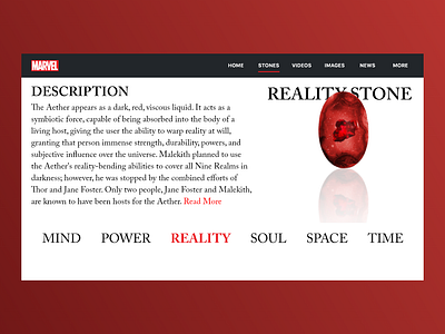 The Reality Stone | Marvel Web Design | Adobe XD adobe xd design illustration inspiration interface design madewithxd marvel minimal ui vector web web design webdesign