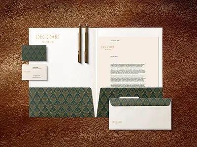 Decoart 04 art deco brand identity branding business card design envelope folder identity identity design leather letterhead mockup museum pattern pen stationery stationery design typography