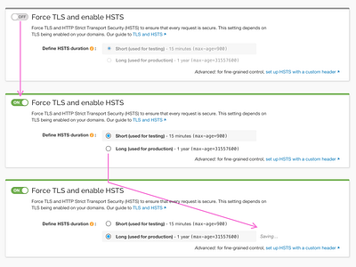 Force TLS and enable HSTS with max-age configuration