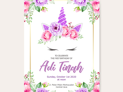 cute unicorn with floral wreath and gold glitter baby background birthday cute design fairy fairytale floral flower girl glitter gold illustration isolated magic pink print sweet unicorn vector