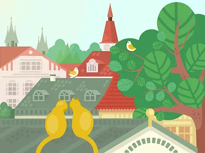 Prague birds building cat city houses morning roofs street vector