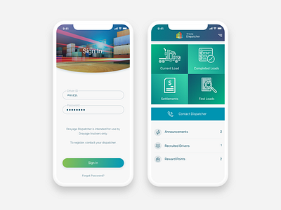 Drayage Dispatcher android blue dispatcher green icons ios lorry transport app uiux white