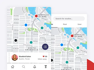 Xbody | Studio Map view filter form gym home list map map view menu navigation bar pin profile profile card search sort sport studio