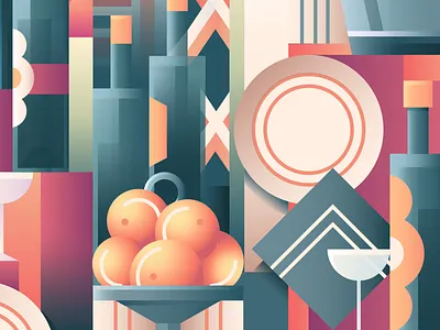 WIP: Elesz Kiervicz sketch to vector adobe bottles fruit glass gradient illustration illustrator orange plate resturant vector wine