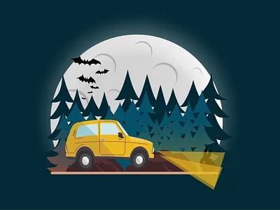 Full moon. Creepy forest. Lada Niva. bat car cartoon creepy forest full moon illustrator cc lada moon nightmare niva pine tree rabbit russian car trees vaz