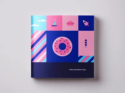 I feel, therefore I Buy - Book Cover Illustration blue book book cover brand branding clean cover design donut icon identity illustration minimal packaging page pink product ui ux vector